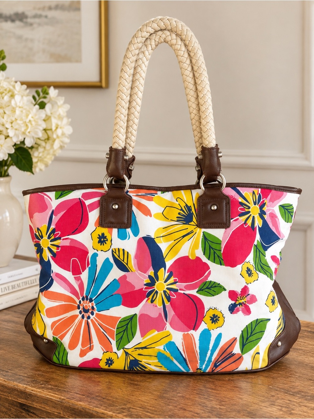 Coldwater Creek Floral Canvas Rope Handle Tote Bag Brown Trim